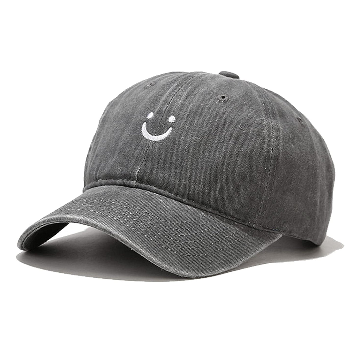 Smile Face Baseball Cap Vintage Distressed Low Profile Unstructured Cotton Dad Hat Verstellbar für Damen Herren (Grau)