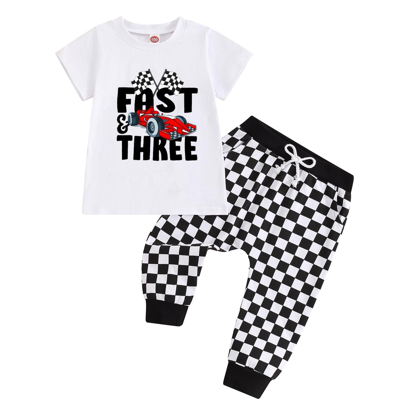 Dcohmch 3./dritter Geburtstag Junge Outfit Rennwagen-Thema Hemd Oberteile und Schachbrett-Hose Dreijähriger Jungen Kleider Set
