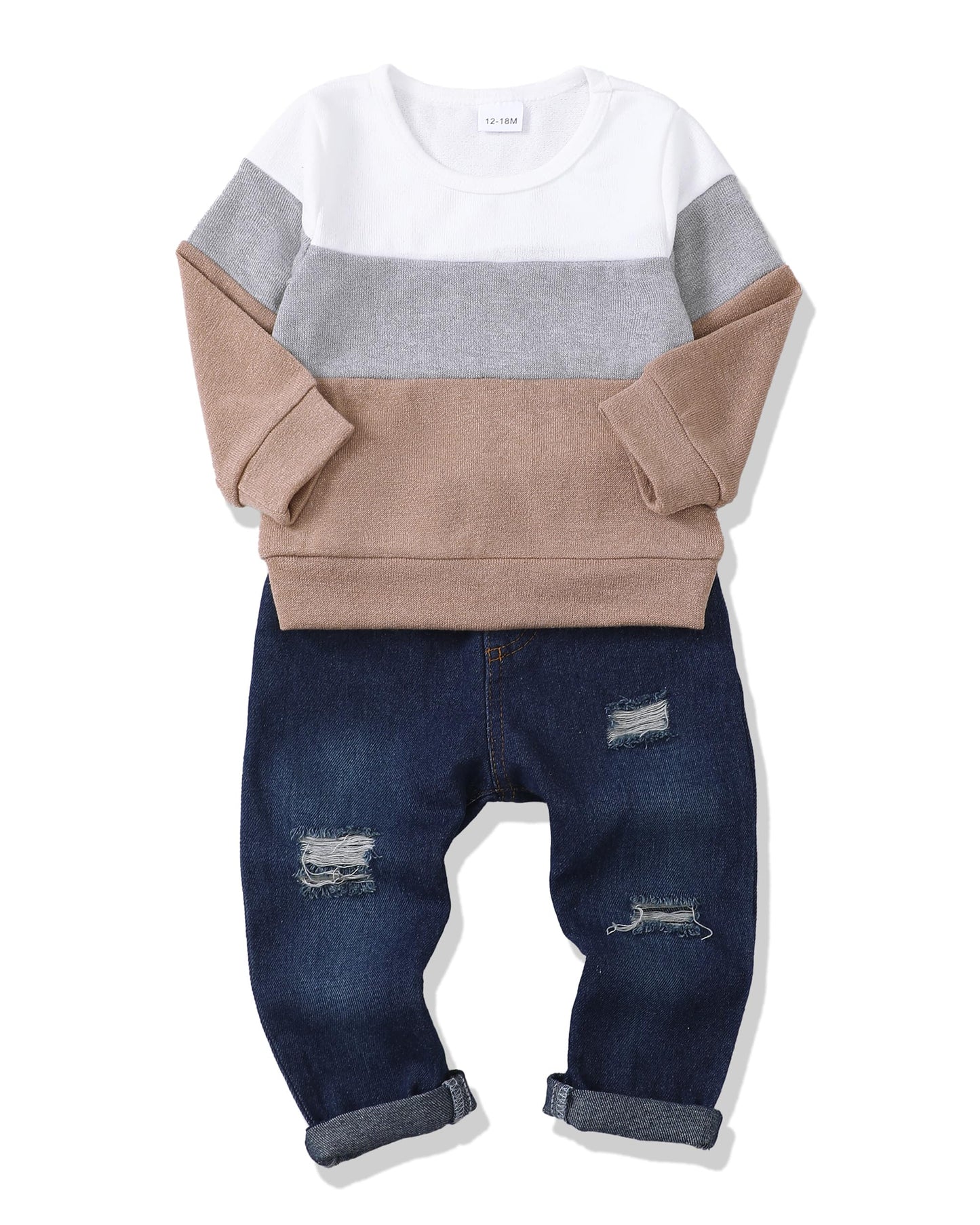 4T Jungenkleidung Kleinkind Jungenkleidung 5T Jungen-Outfits Kinder Winter Spleiß Khakifarbe Color Block Langarm Jungen Sweatshirt Denim Jeans Herbstjeans 4 5 Jahre alte Kleidung
