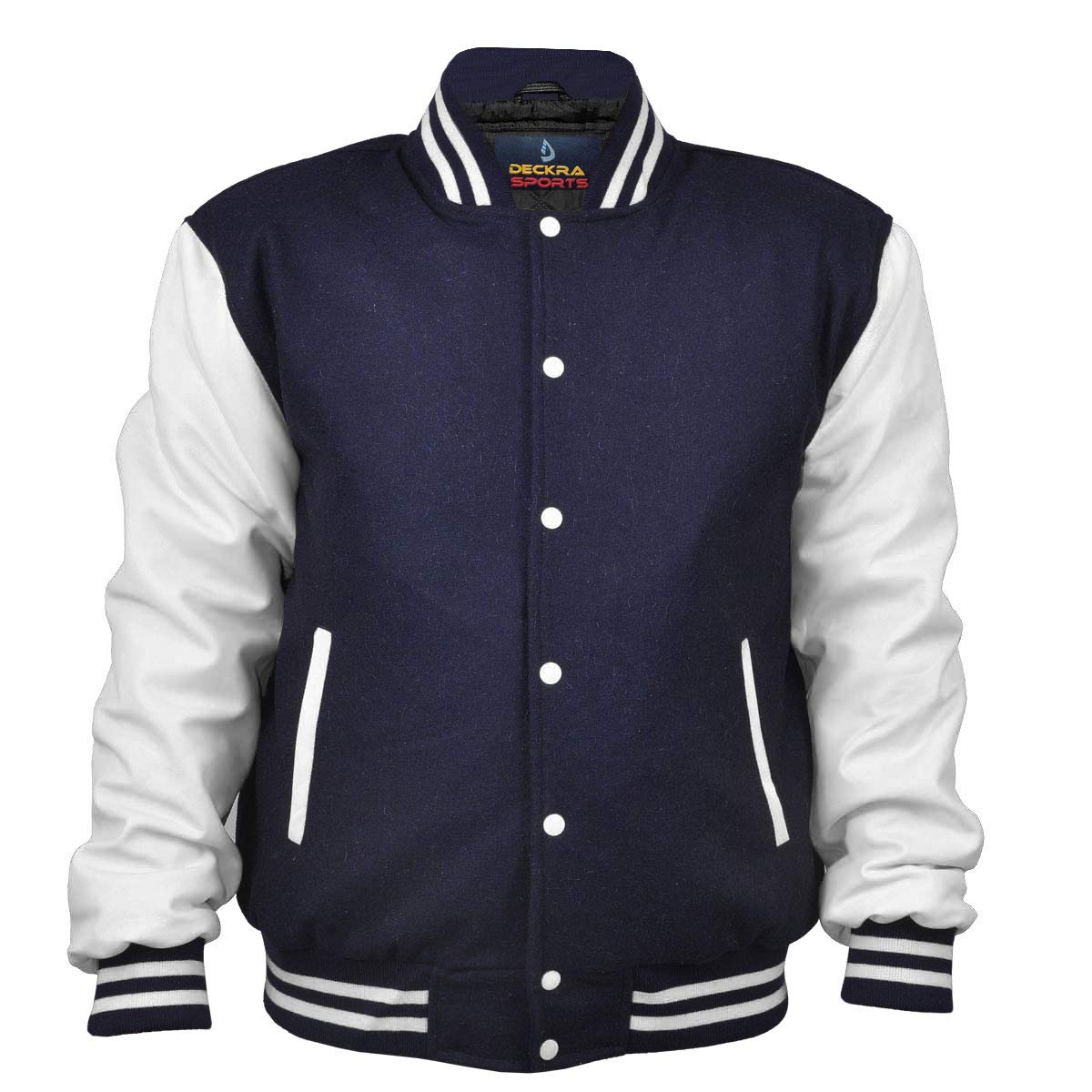 Herren Varsity Jacke Ärmel aus echtem Leder und Wollmischung Letterman Jungen College Varsity Jacken XS-5XL (US Alpha 5X-Large Regular Regular Navy Blue/White)