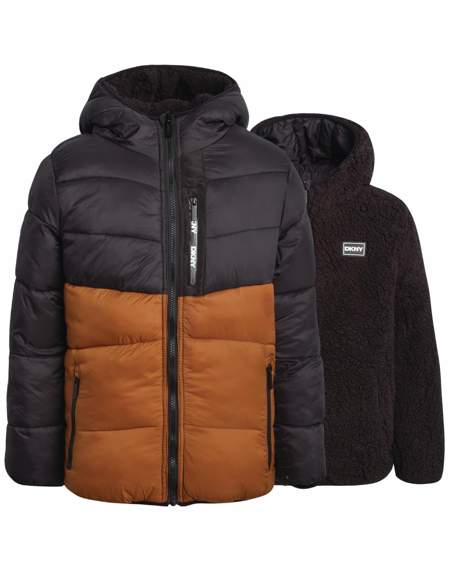 DKNY Jungen Pufferjacke - Durchgehender Reißverschluss, Kapuze, Wende-Pufferjacke zu Sherpa-Winterjacke - Schwere Jacken für Jungen (8-20) Größe 18-20 Timber/Schwarz