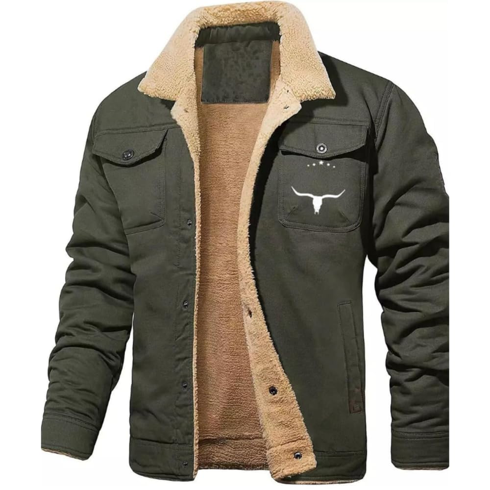 HOTYD Fleecejacke Herren Winterjacken für Herren Sherpa Gefütterte Jacke Warme Jacken Herren Reversmäntel Western Cowboy Jacken Stehkragen Dicke Jacken Freizeit Trucker Jacken Militärjacken Grün XL