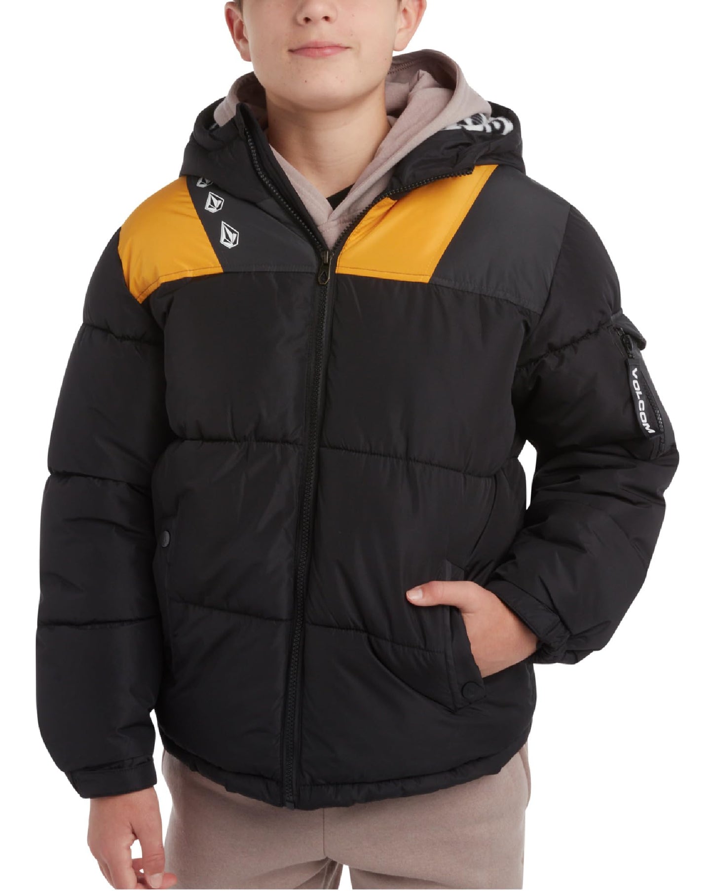 Volcom Boys Winter Jacket - Cozy Printed Sherpa-Lined Hooded Quilted Jacket - Insulated Puffer Jackets for Boys (Sizes:4-20) Size 18-20 Black