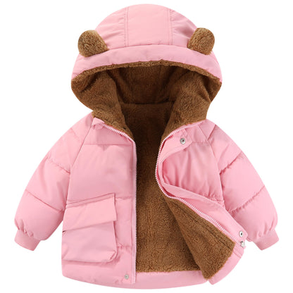 AIWUHE Toddler Winter Coat Boys Girls Down Jacket Hooded Fleece Jackets Warm Outwear 3D Bear Ear Padded Puffer Jacket With Pockets Pink 5-6Y 130