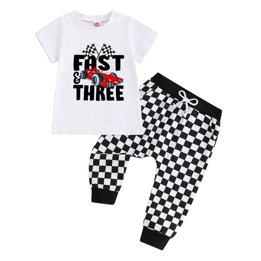 Dcohmch 3rd/Third Birthday Boy Outfit Race Car Theme Shirt Tops and Checkerboard Pants Three Years Old Boys Clothes Set