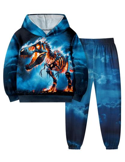 ADIFUN Toddler Boy Clothes 4T-5T Boys Fall Winter Outfits Cool Dinosaur Clothes for Boys Flame Skeleton T-Rex Long-sleevesd Hooded Sweatshirt Pants 2Pcs Set