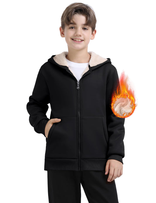 MoFiz Winter Fleece Hoodie Jackets for Boys Zip Up Sherpa Lined Hooded Sweatshirts Casual Running Coat for Cold Weather Black M