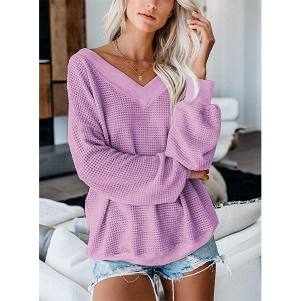 Lockere V-Neck Strickpullover mit Karomuster