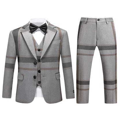 Boys Suit 3 Piece Check Plaid Kid Suit Set Grey Boys Tuxedo Suits Formal Size 6 7 Boys Dress Clothes Ring Bearer Outfit