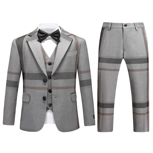 Boys Suit 3 Piece Check Plaid Kid Suit Set Grey Boys Tuxedo Suits Formal Size 6 7 Boys Dress Clothes Ring Bearer Outfit