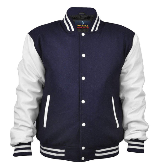 Mens Varsity Jacket Genuine Leather Sleeve and Wool Blend Letterman Boys College Varsity Jackets XS-5XL (US Alpha 5X-Large Regular Regular Navy Blue/White)