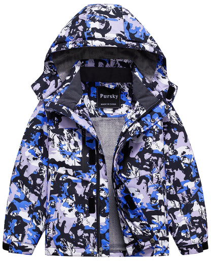 Pursky Boys Outerwear Jackets & Coats Boys Winter Boys Waterproof Ski Jacket Snow Windproof Fleece Coat Hooded Raincoat Blue Printed 4/5