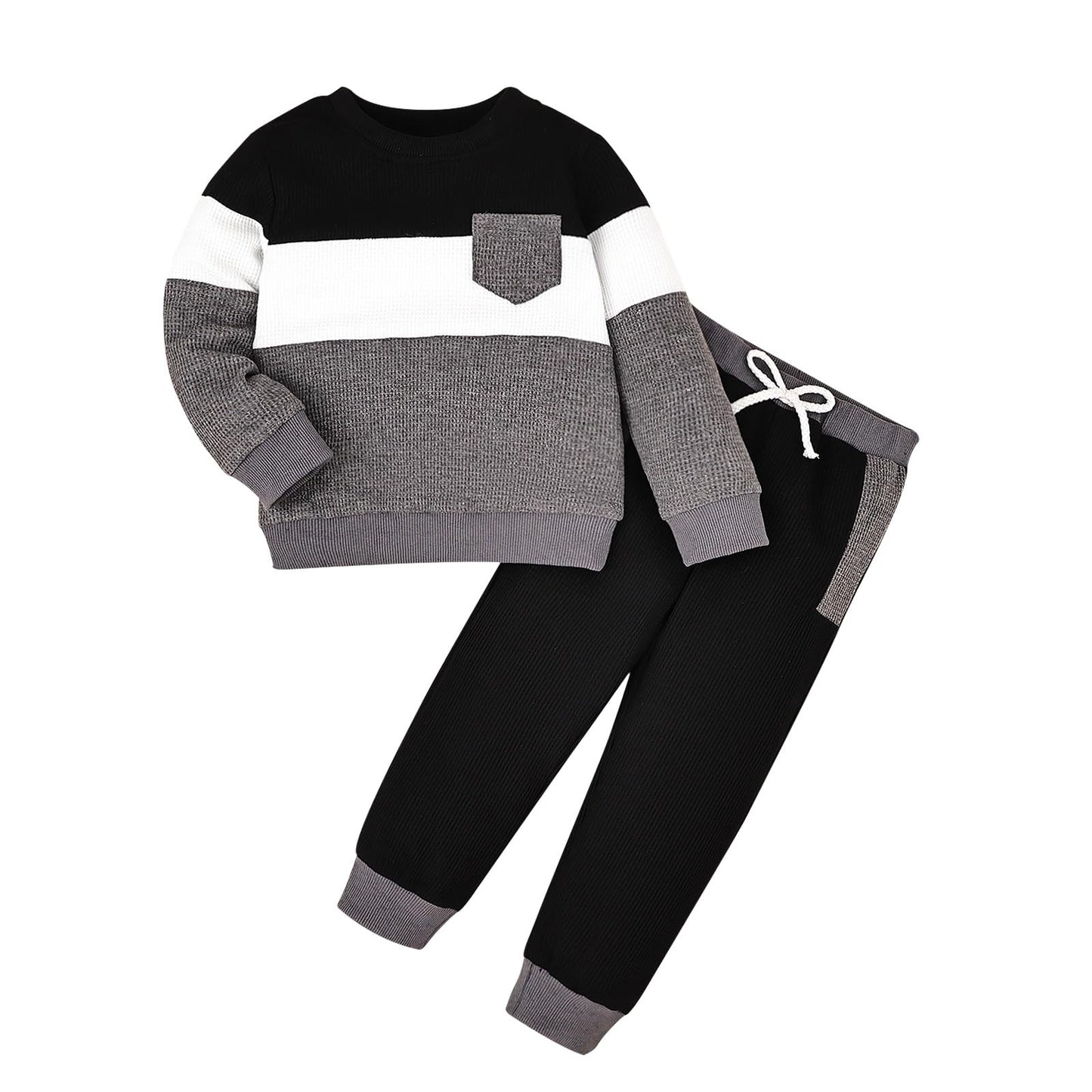 FOCICI 5T Boys Clothes Toddler Long Sleeve Patchwork Sweatshirt Pullover Tops + Casual Pocket Pants Fall Winter Outfits 2pcs Set Grey 4-5 Years