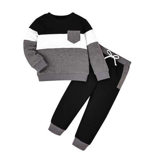 FOCICI 5T Boys Clothes Toddler Long Sleeve Patchwork Sweatshirt Pullover Tops + Casual Pocket Pants Fall Winter Outfits 2pcs Set Grey 4-5 Years