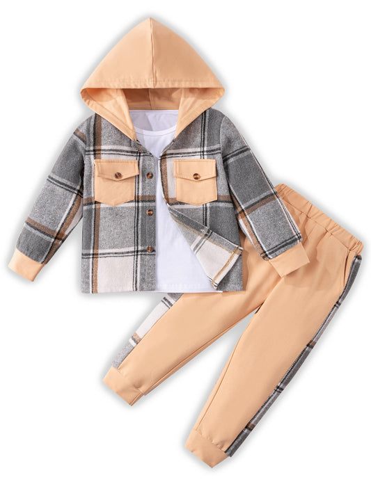 Sislerew Toddler Boy Clothes Plaid Hooded Shirt White T-shirt Top and Solid Color Pants 3Pcs Winter Boys Clothes (light brown 2-3T)