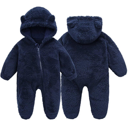 Baby Boys Girls Fleece Snowsuits Toddler Cute Bear Jumpsuits Infant Winter Hooded Rompers With Zipper One Piece Fluffy Outerwear Dark Blue 9M