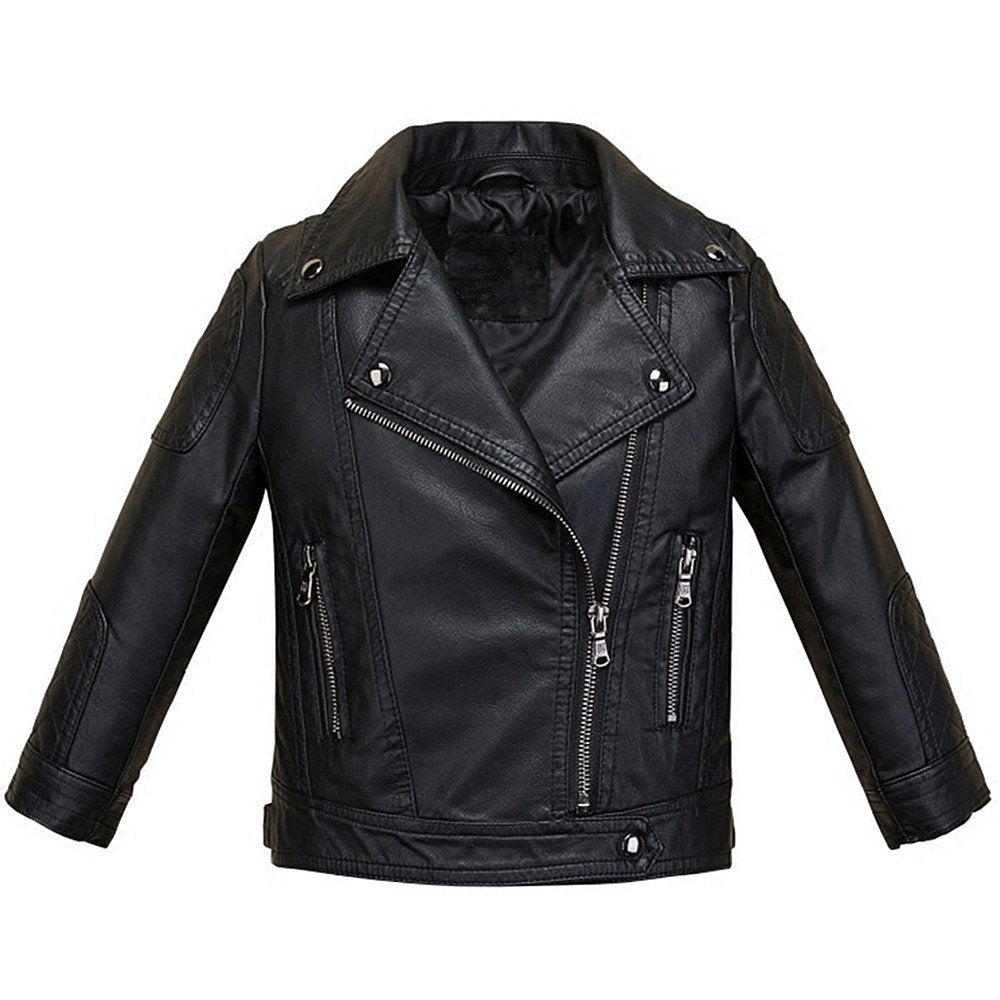 LJYH Boys Girls Fashion Collar PU Leather Jackets Kids Black Outdoor Zipper Coats 9/10yrs