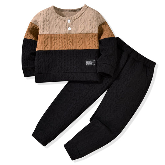 HIHA 3-4T Toddler Boys Clothes Color Block Sweatsuit Long Sleeve Shirts Sweatpants Kids Fall Winter Outfit Black Khaki