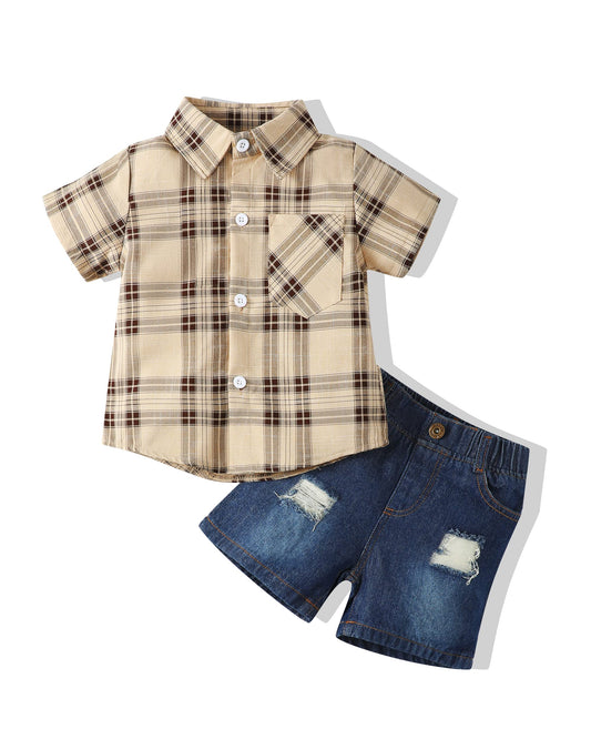 Renotemy Infant Baby Boy Clothes Plaid Outfits Short Sleeve Top Jeans 12 18 Months Boys Clothes Outfits Summer