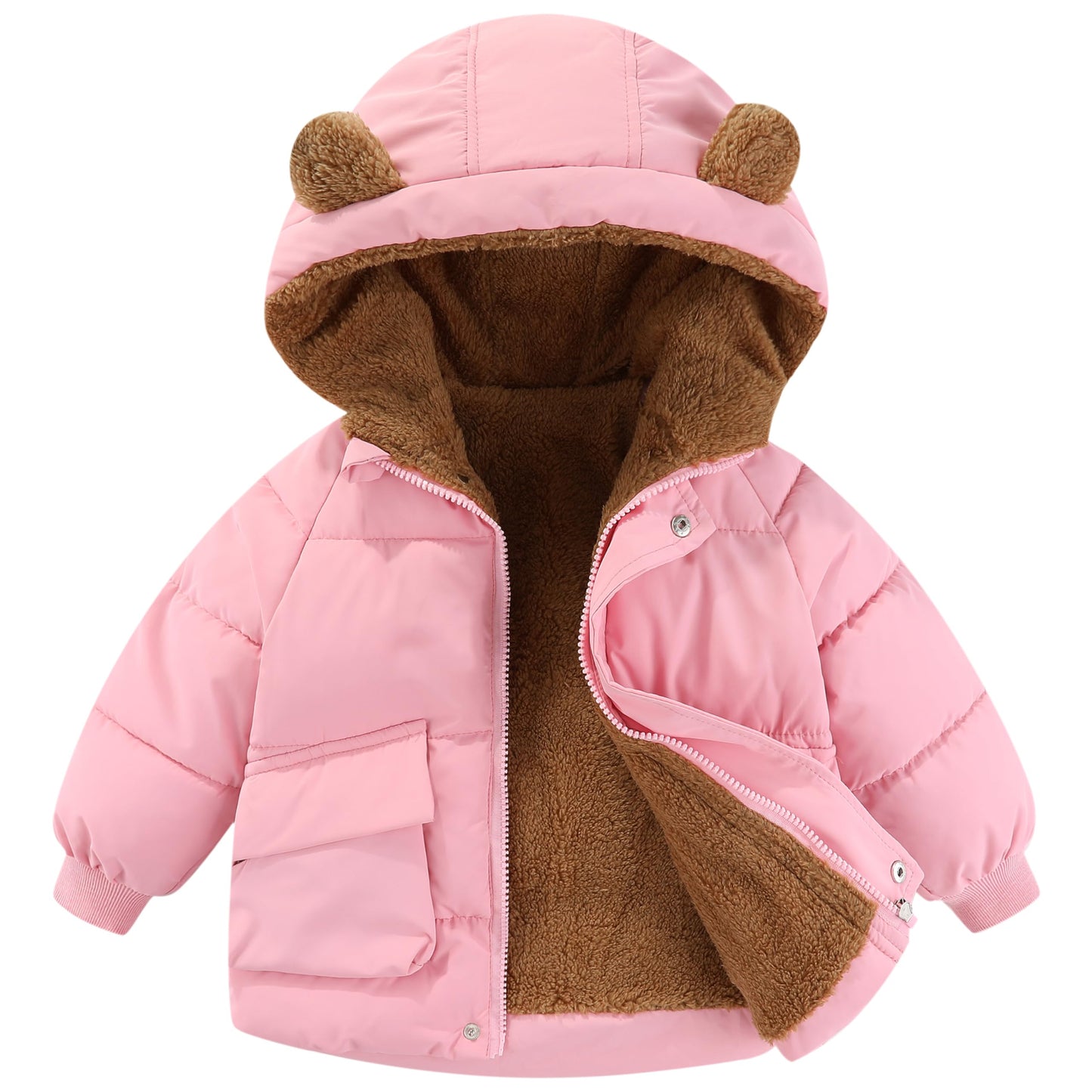 AIWUHE Toddler Winter Coat Boys Girls Down Jacket Hooded Fleece Jackets Warm Outwear 3D Bear Ear Padded Puffer Jacket With Pockets Pink 5-6Y 130