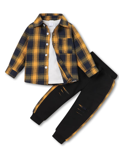 FoWear Toddler Clothes for Boys 3Pcs Long Sleeve Shirt and Casual Pants with Long Top Winter 5T Boy Clothes Yellow